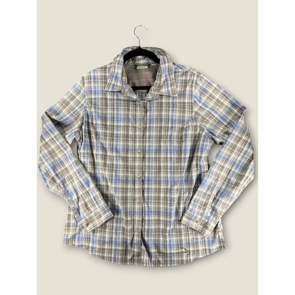 LL Bean Womens Blue Grey Plaid Hiking Shirt Long Sleeve Button Down Large 289463